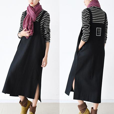 winter woolen black striped dresses long causal winter dress - Omychic