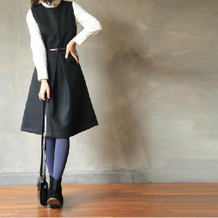 women black vintage woolen dress casual tunic sleeveles dresses - Omychic
