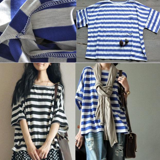 women oversize striped summer t shirt casual cotton blouse top - Omychic