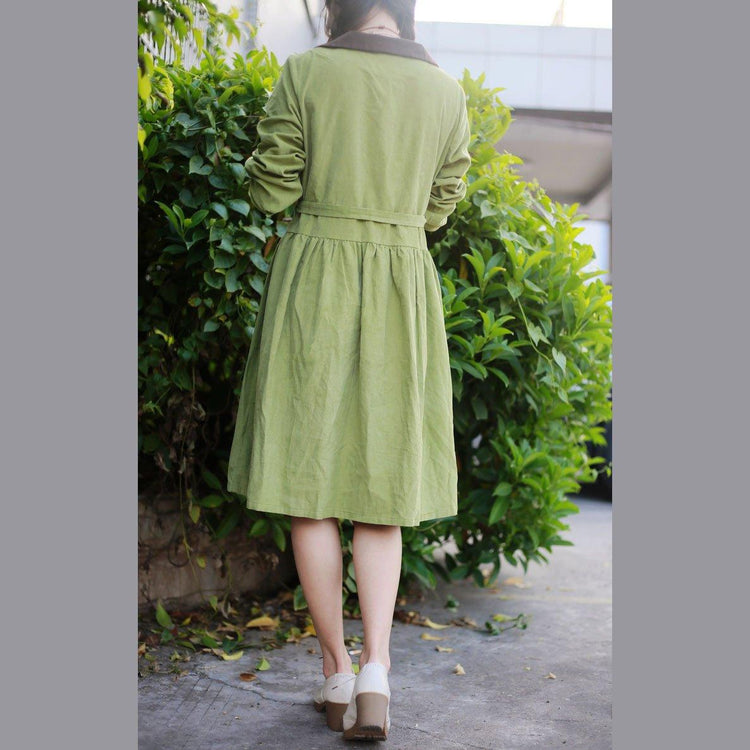 women solid green spring dress long sleeve casual fit flare dress - Omychic