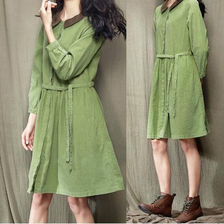 women solid green spring dress long sleeve casual fit flare dress - Omychic
