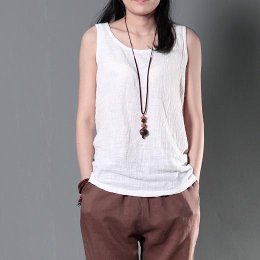 women wrinkled linen tank top sleeveless shirt blouse - Omychic