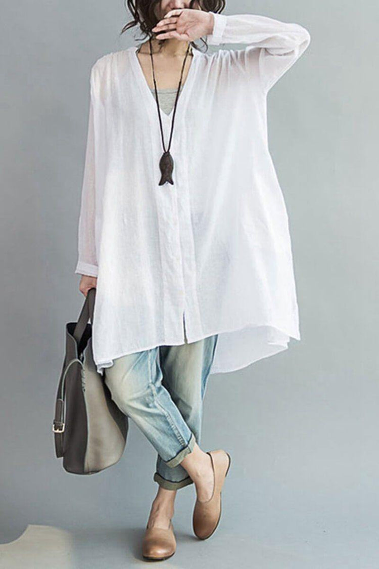 Art Casual Loose Long V-neck Cotton Shirt Women Clothes - Omychic