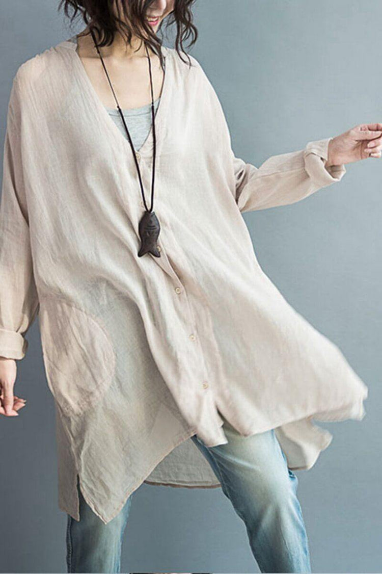 Art Casual Loose Long V-neck Cotton Shirt Women Clothes - Omychic