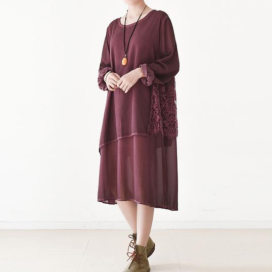 2017 Summer dress layered burgundy chiffon dresses side lace patchwork plus size dresses - Omychic