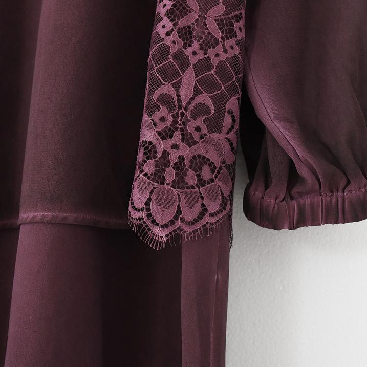 2017 Summer dress layered burgundy chiffon dresses side lace patchwork plus size dresses - Omychic
