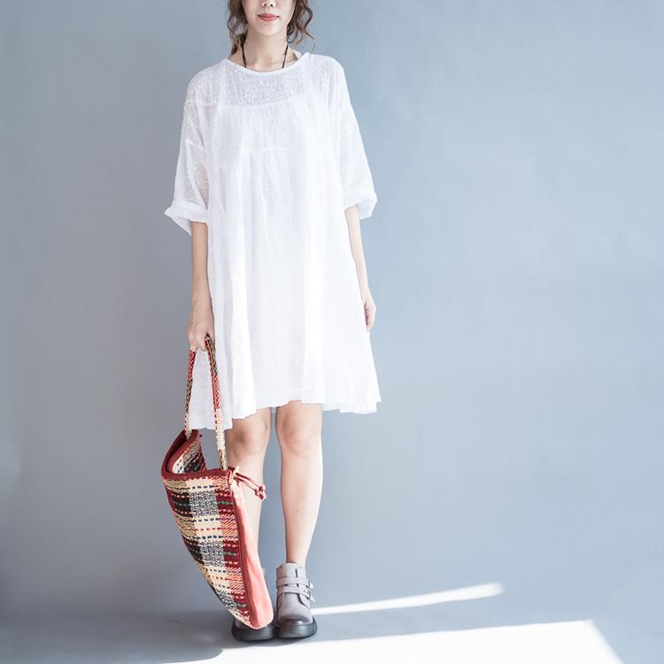 2017 Summer fine white cotton dresses embroidery lace details plus size sundress cotton clothing - Omychic
