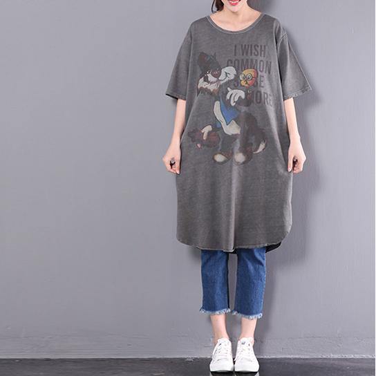 2017 animal print cotton dresses dark gray loose shift dress o neck sundress - Omychic