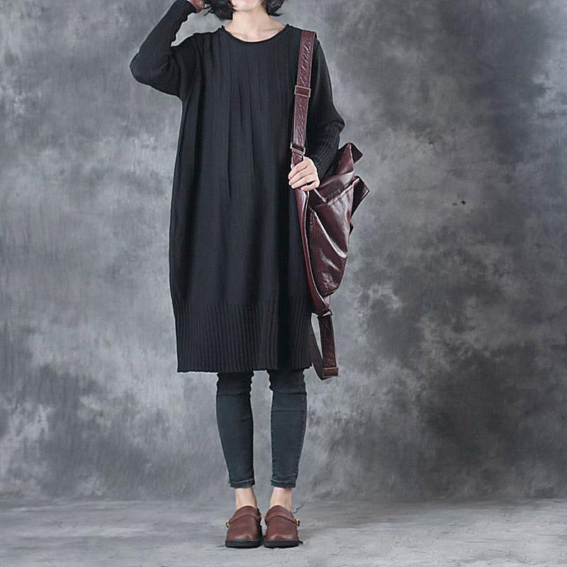 2017 autumn black casual sweater dresses plu size long sleeve o neck knit dress - Omychic