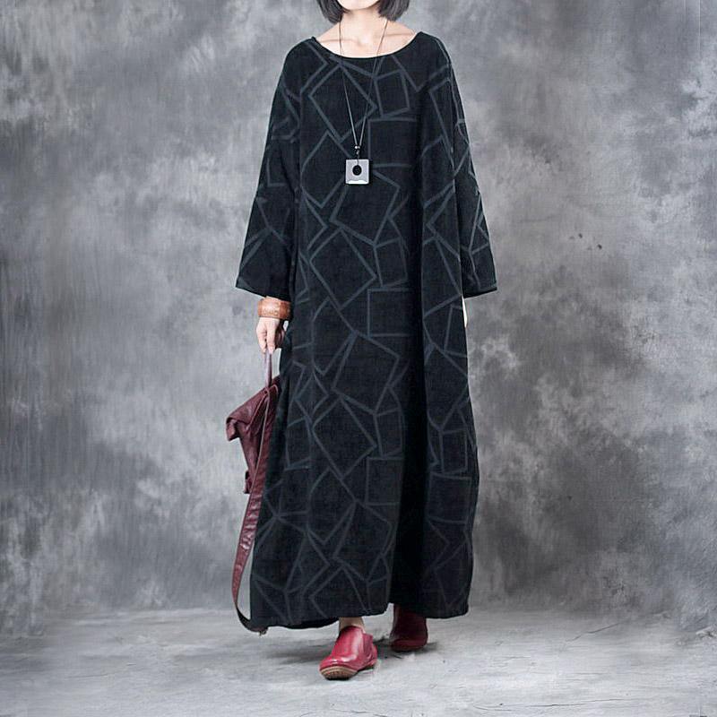 2017 autumn black geometric cotton dresses plus size casual long sleeve gown - Omychic