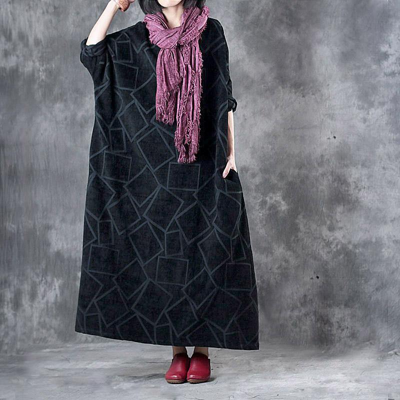 2017 autumn black geometric cotton dresses plus size casual long sleeve gown - Omychic