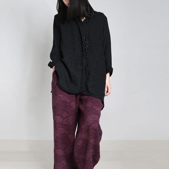2017 autumn black jacquard linen tops plus size casual  long sleeve blouse - Omychic
