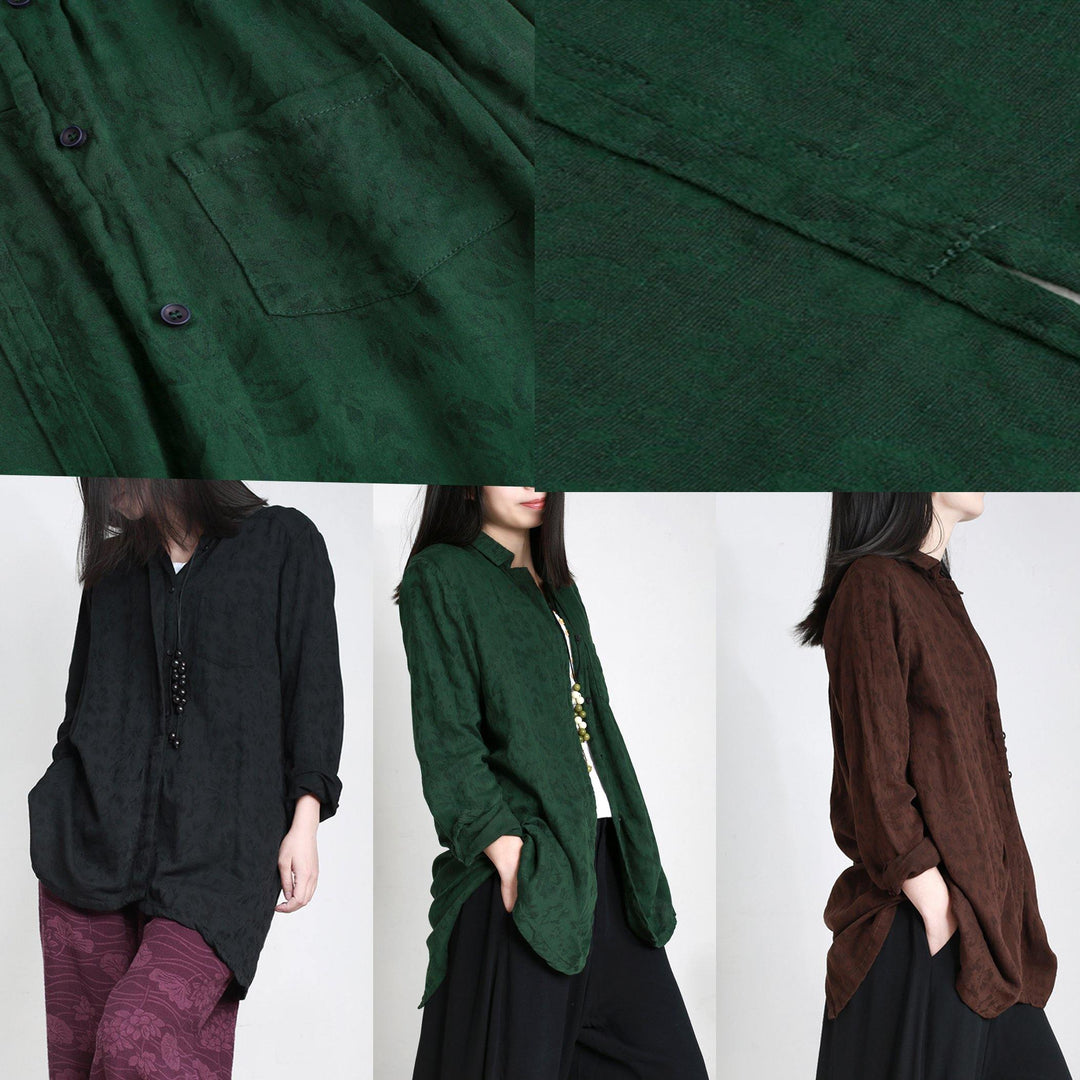 2017 autumn black jacquard linen tops plus size casual  long sleeve blouse - Omychic