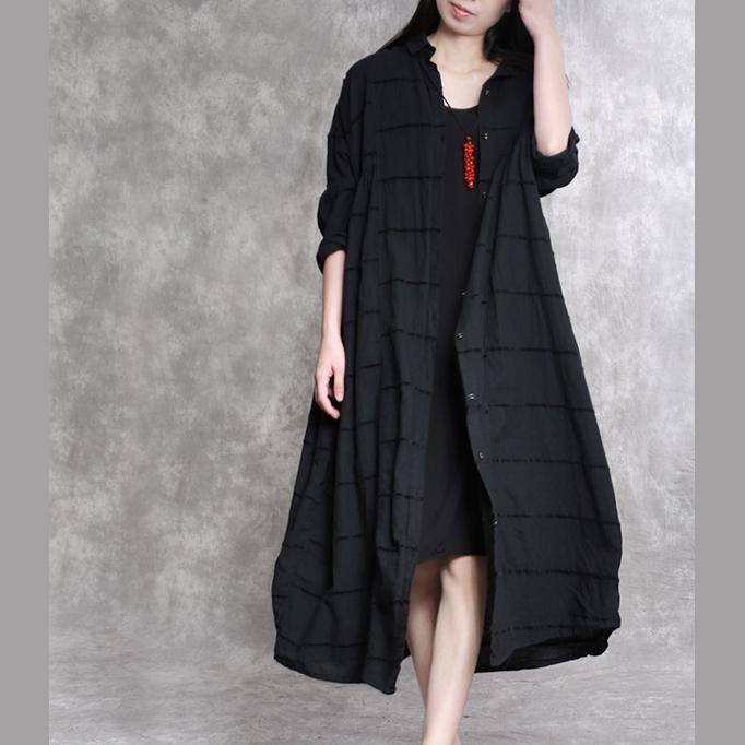 2017 autumn black linen long coat plus size large hem trench coats - Omychic