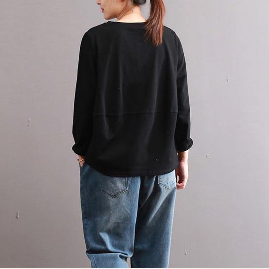 2017 autumn black patchwork cotton tops plus size o neck t shirt - Omychic