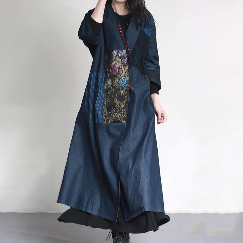 2017 autumn denim blue embroidery cotton outfits unique oversize patchwork elegant trench coats - Omychic