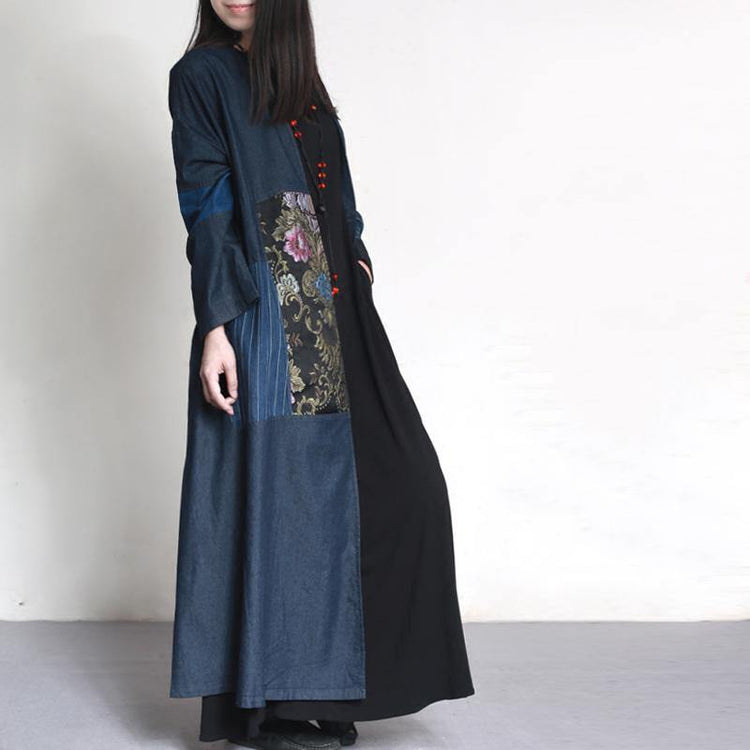 2017 autumn denim blue embroidery cotton outfits unique oversize patchwork elegant trench coats - Omychic