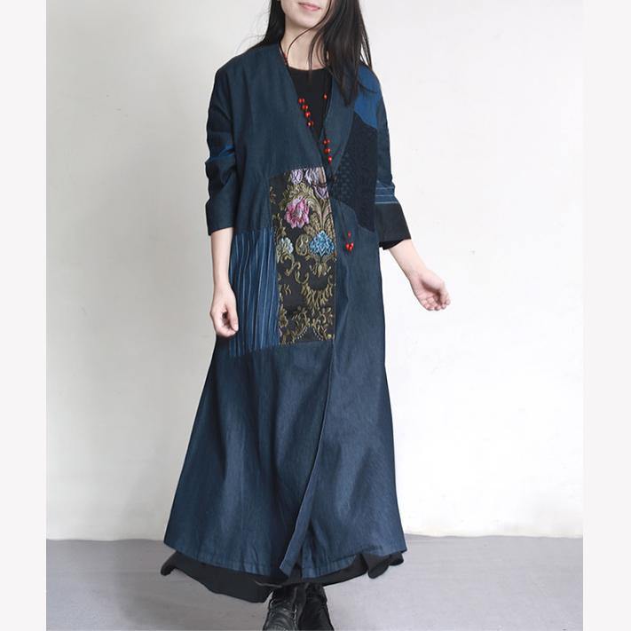 2017 autumn denim blue embroidery cotton outfits unique oversize patchwork elegant trench coats - Omychic