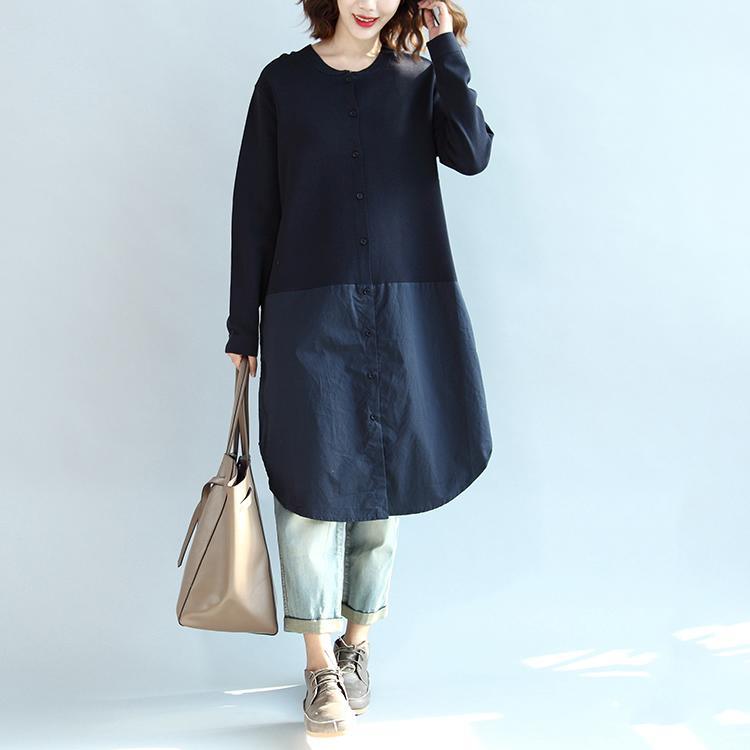 2017 autumn navy casual knit dresses oversize patchwork cotton shirts dress - Omychic