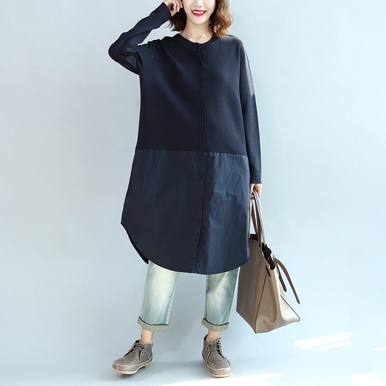 2017 autumn navy casual knit dresses oversize patchwork cotton shirts dress - Omychic