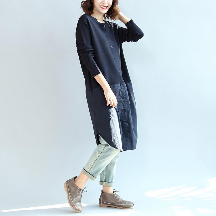 2017 autumn navy casual knit dresses oversize patchwork cotton shirts dress - Omychic