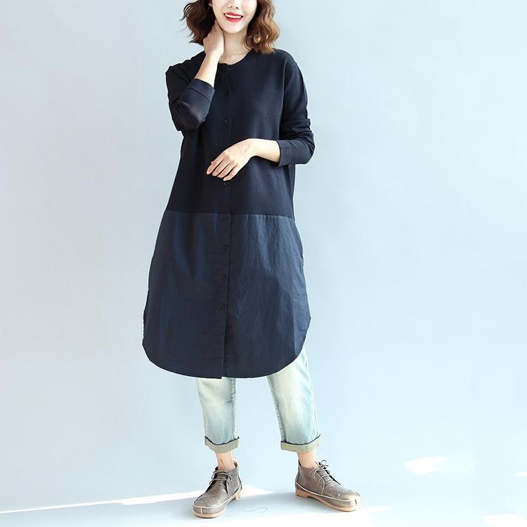 2017 autumn navy casual knit dresses oversize patchwork cotton shirts dress - Omychic