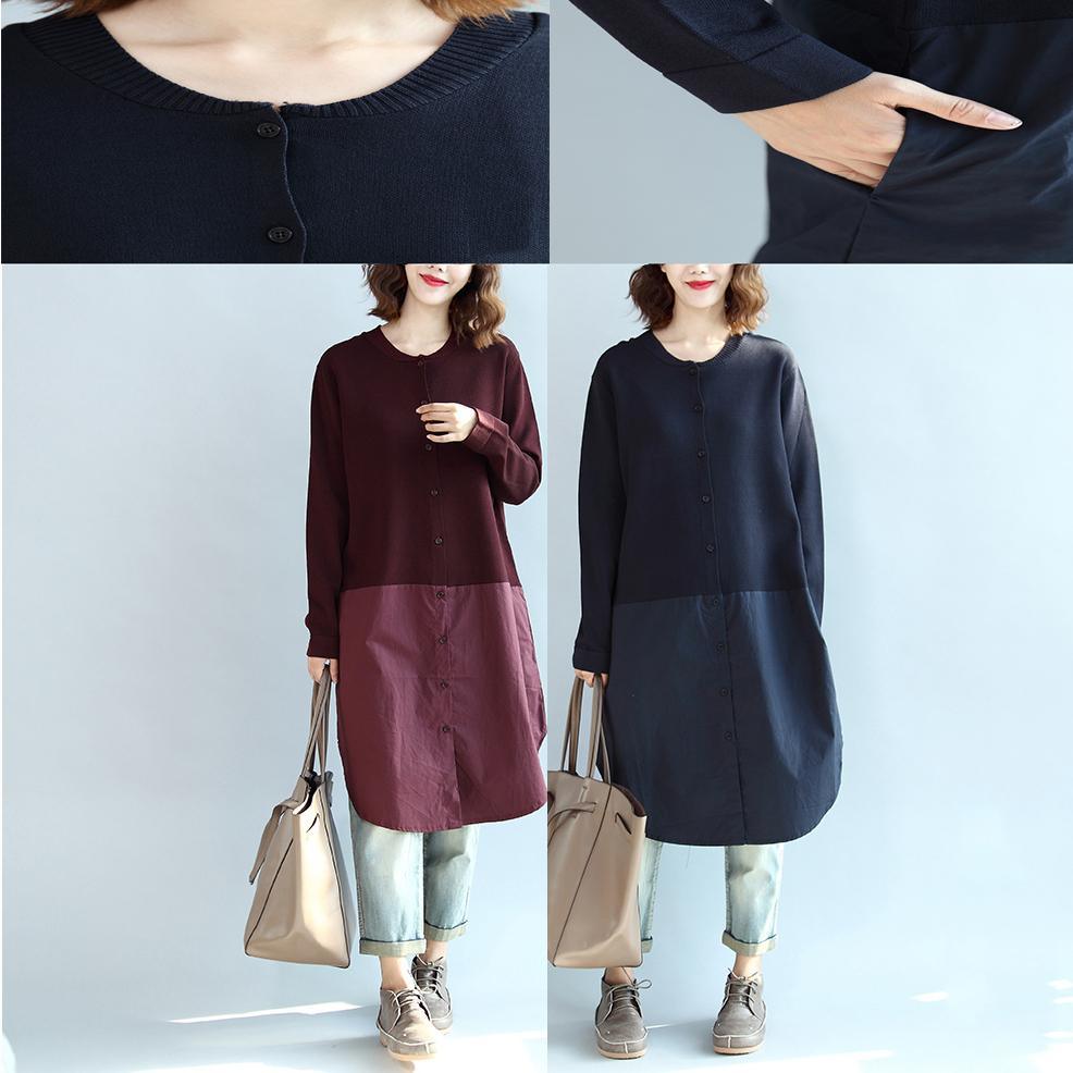 2017 autumn navy casual knit dresses oversize patchwork cotton shirts dress - Omychic