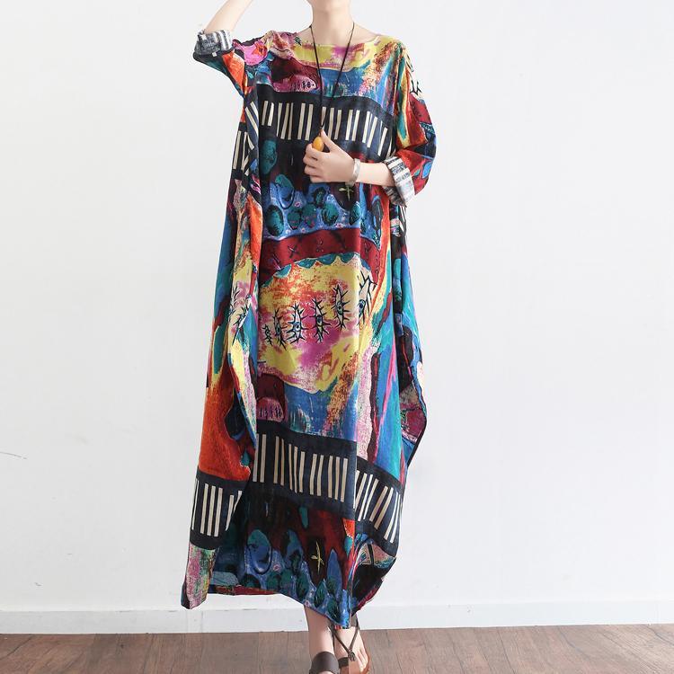 2021 autumn navy striped prints chiffon dresses vintage plus size casual lantern maxi dress - Omychic