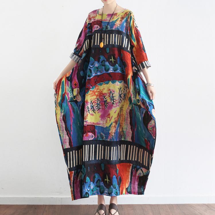 2021 autumn navy striped prints chiffon dresses vintage plus size casual lantern maxi dress - Omychic