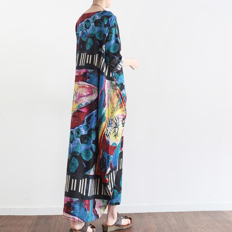 2021 autumn navy striped prints chiffon dresses vintage plus size casual lantern maxi dress - Omychic