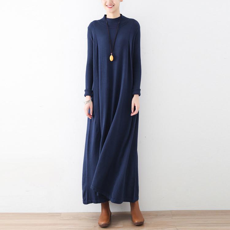 2017 autumn navy stylish sweater dresses plus size casual turtle neck maxi dress - Omychic