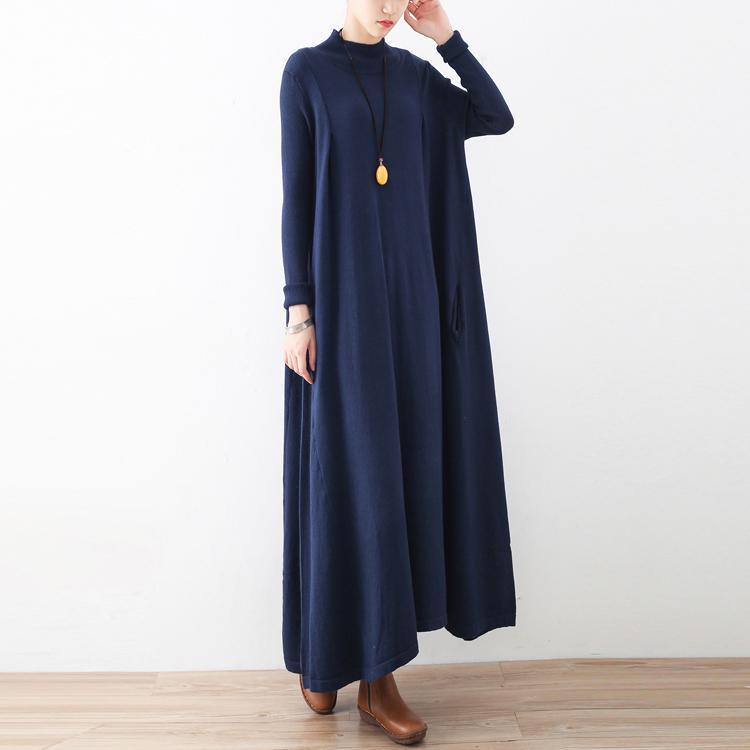 2017 autumn navy stylish sweater dresses plus size casual turtle neck maxi dress - Omychic