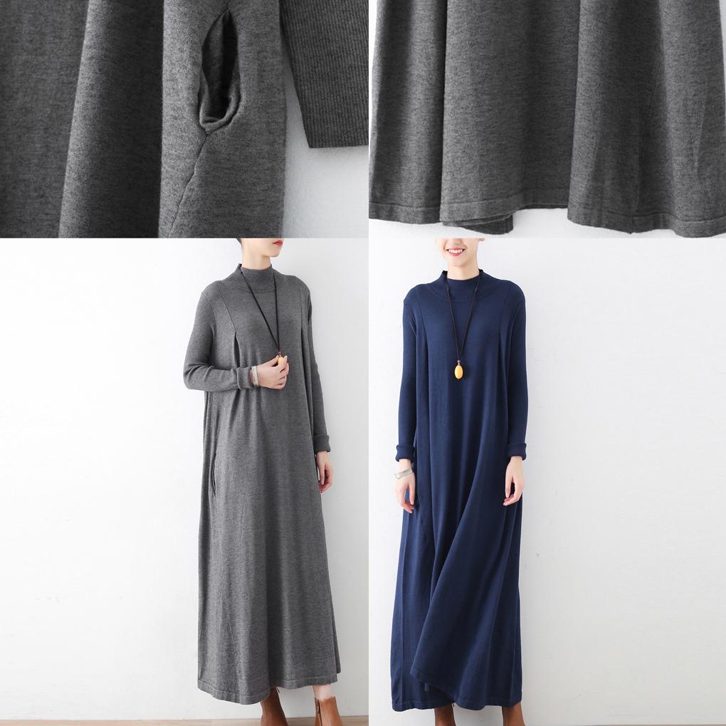 2017 autumn navy stylish sweater dresses plus size casual turtle neck maxi dress - Omychic