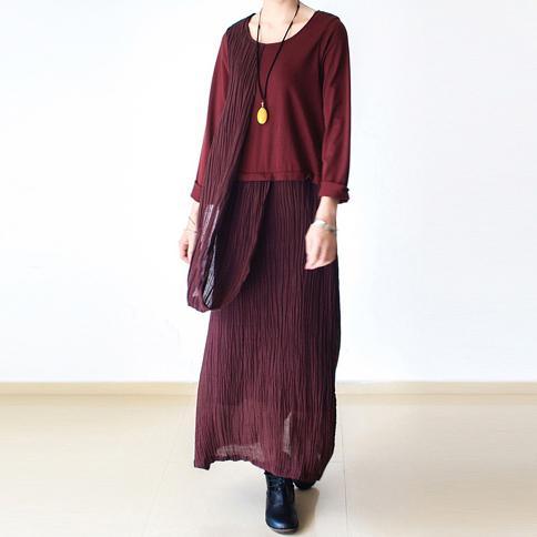 2017 autumn new asymmetric burgundy linen dresses plus size casual long sleeve gown - Omychic
