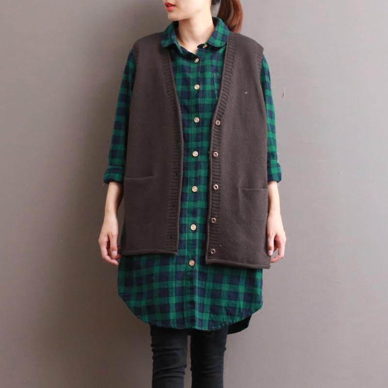 2021 autumn new brown knit tops loose casual v neck sleeveless waistcoat - Omychic