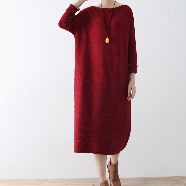 2017 autumn new red jacquard knit dresses loose casual sweater maxi dress - Omychic