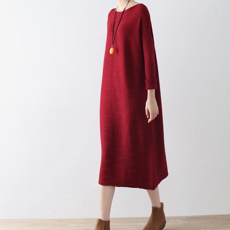 2017 autumn new red jacquard knit dresses loose casual sweater maxi dress - Omychic