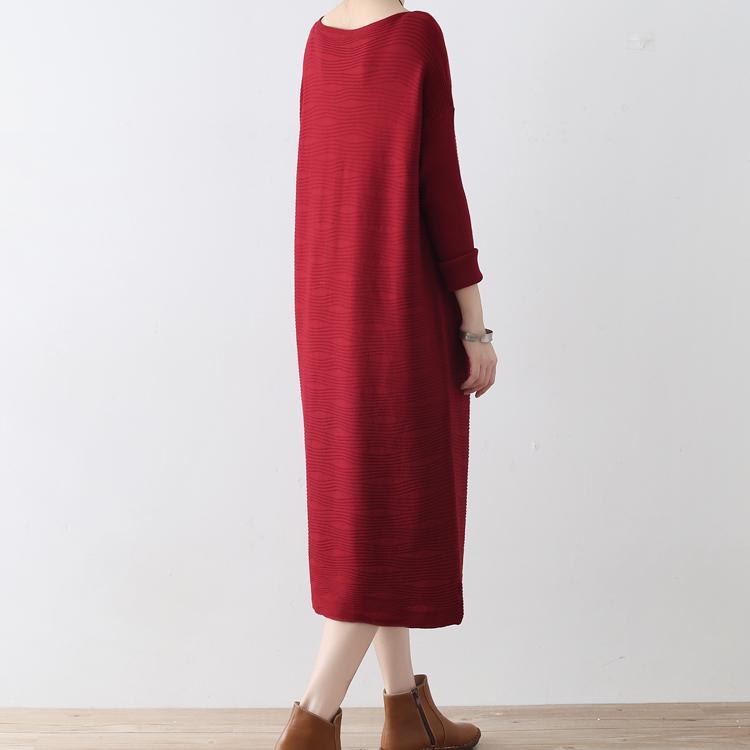 2017 autumn new red jacquard knit dresses loose casual sweater maxi dress - Omychic