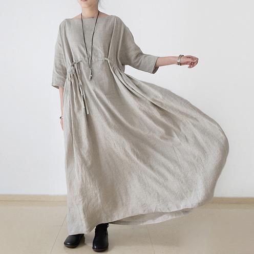 2021 autumn plus size linen dresses asymmetric bracelet sleeved drawstring maxi dress ( Limited Stock) - Omychic