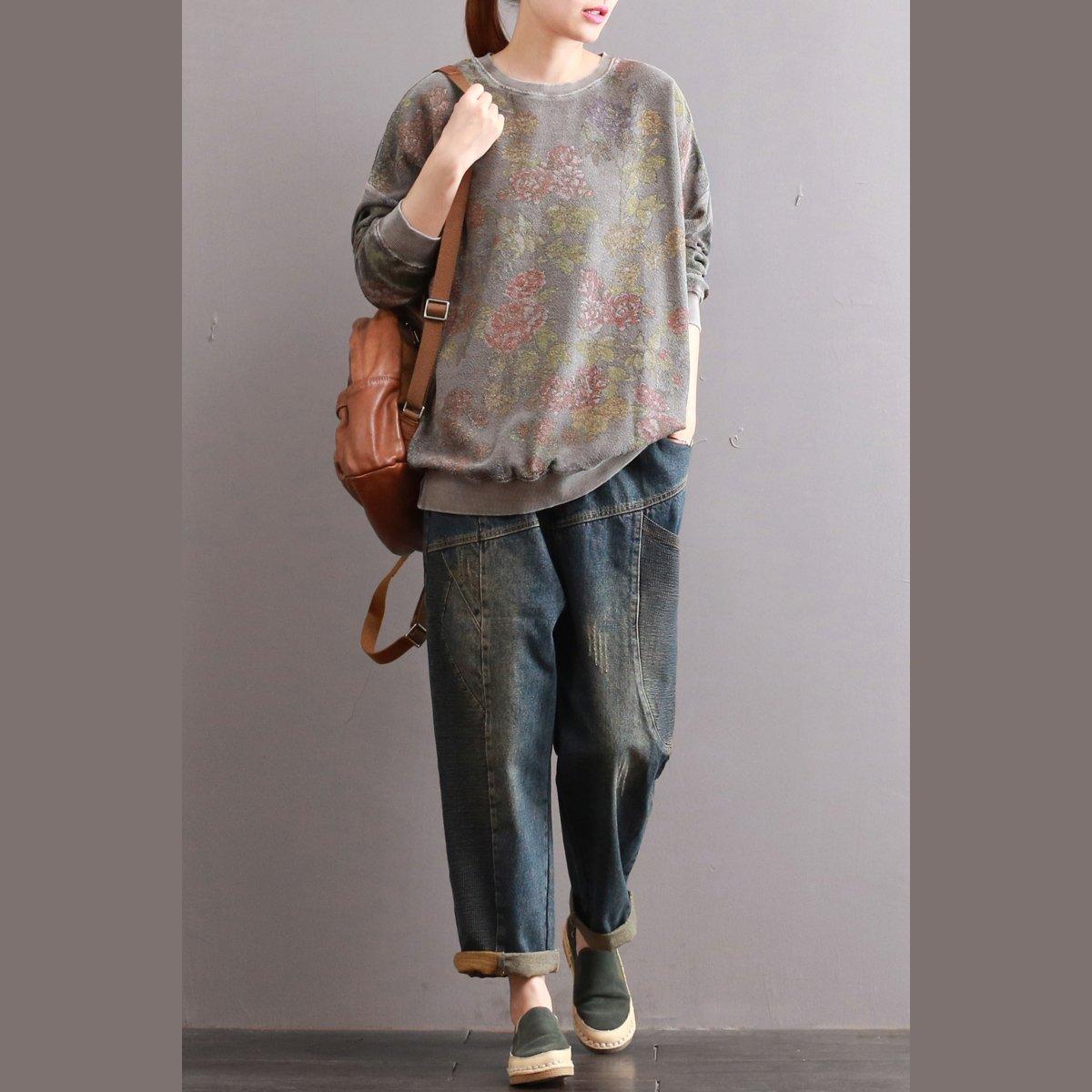 2017 autumn prints cotton linen tops casual loose o neck casual pullover - Omychic