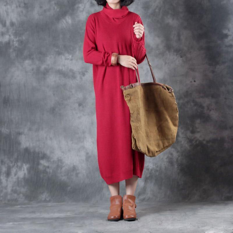 2017 autumn red fashion long knit dresses plus size casual elastic warm swereat dress - Omychic