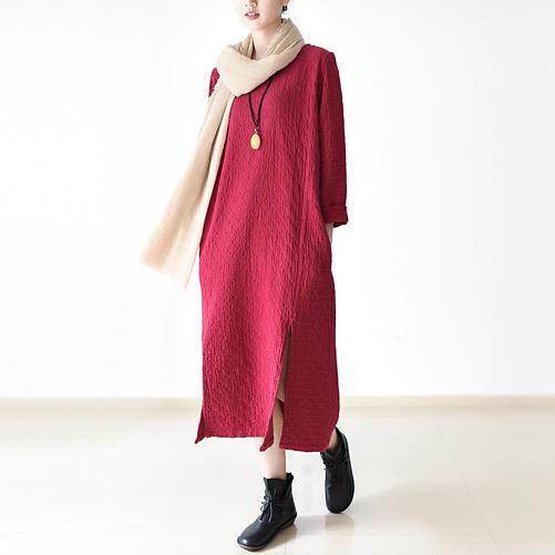 2017 autumn red linen dresses plus size casual warm outfits - Omychic