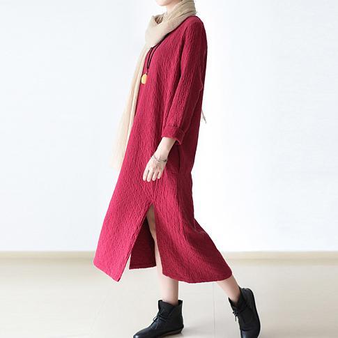 2017 autumn red linen dresses plus size casual warm outfits - Omychic