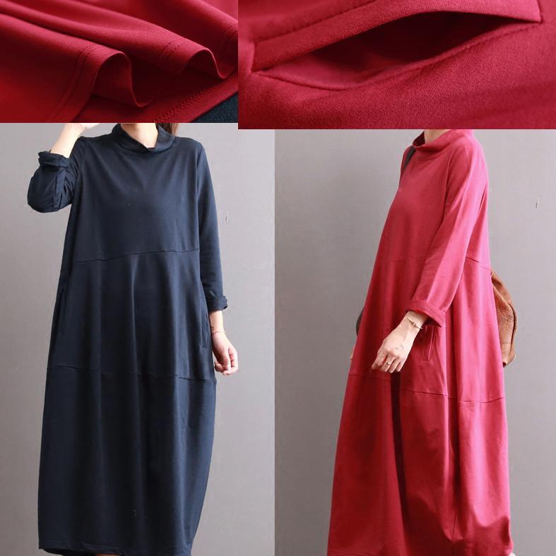 2017 autumn red linen high neck dresses plus size patchwork cotton casual dress - Omychic