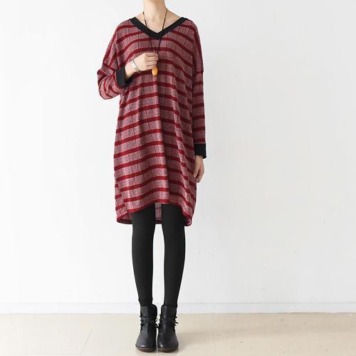 2017 autumn red striped cotton knit dresses plus size warm casual outfits - Omychic