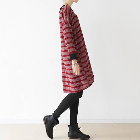 2017 autumn red striped cotton knit dresses plus size warm casual outfits - Omychic