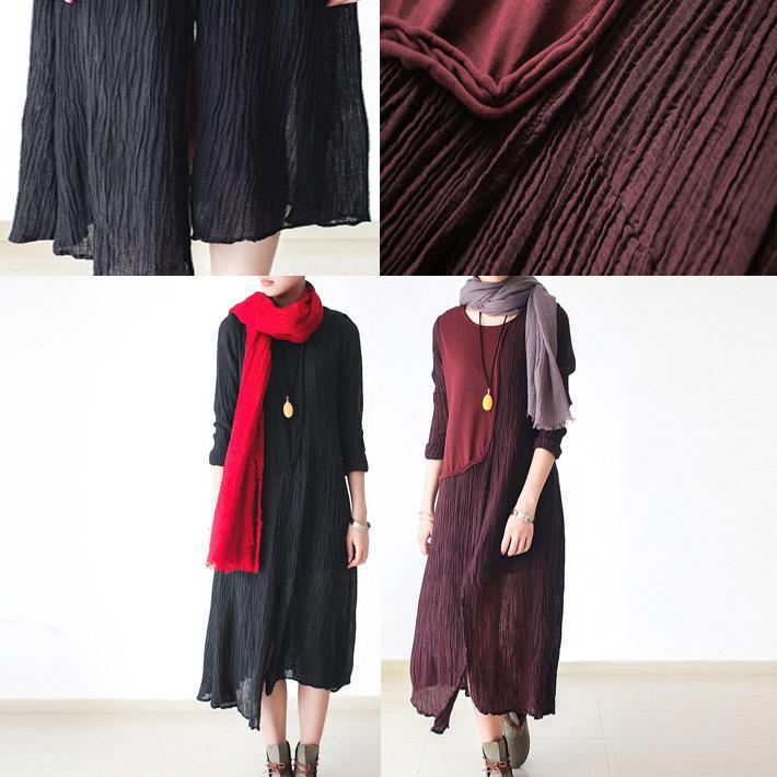 2017 autumn thin Burgundy patchwork linen dresses oversize caftans front open flowy - Omychic