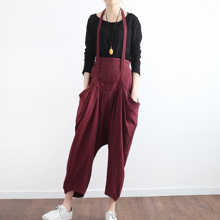 2017 autumn warm burgundy prints linen wide leg pants loose unique casual jumpsuit pants - Omychic