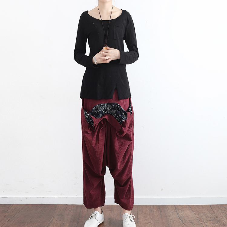 2017 autumn warm burgundy prints linen wide leg pants loose unique casual jumpsuit pants - Omychic