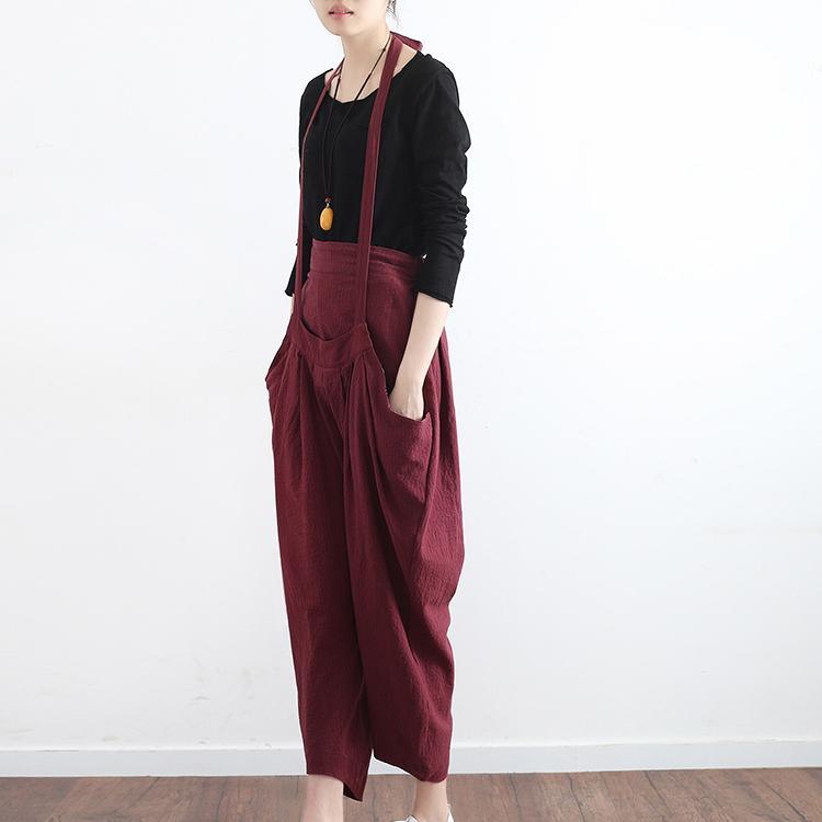 2017 autumn warm burgundy prints linen wide leg pants loose unique casual jumpsuit pants - Omychic